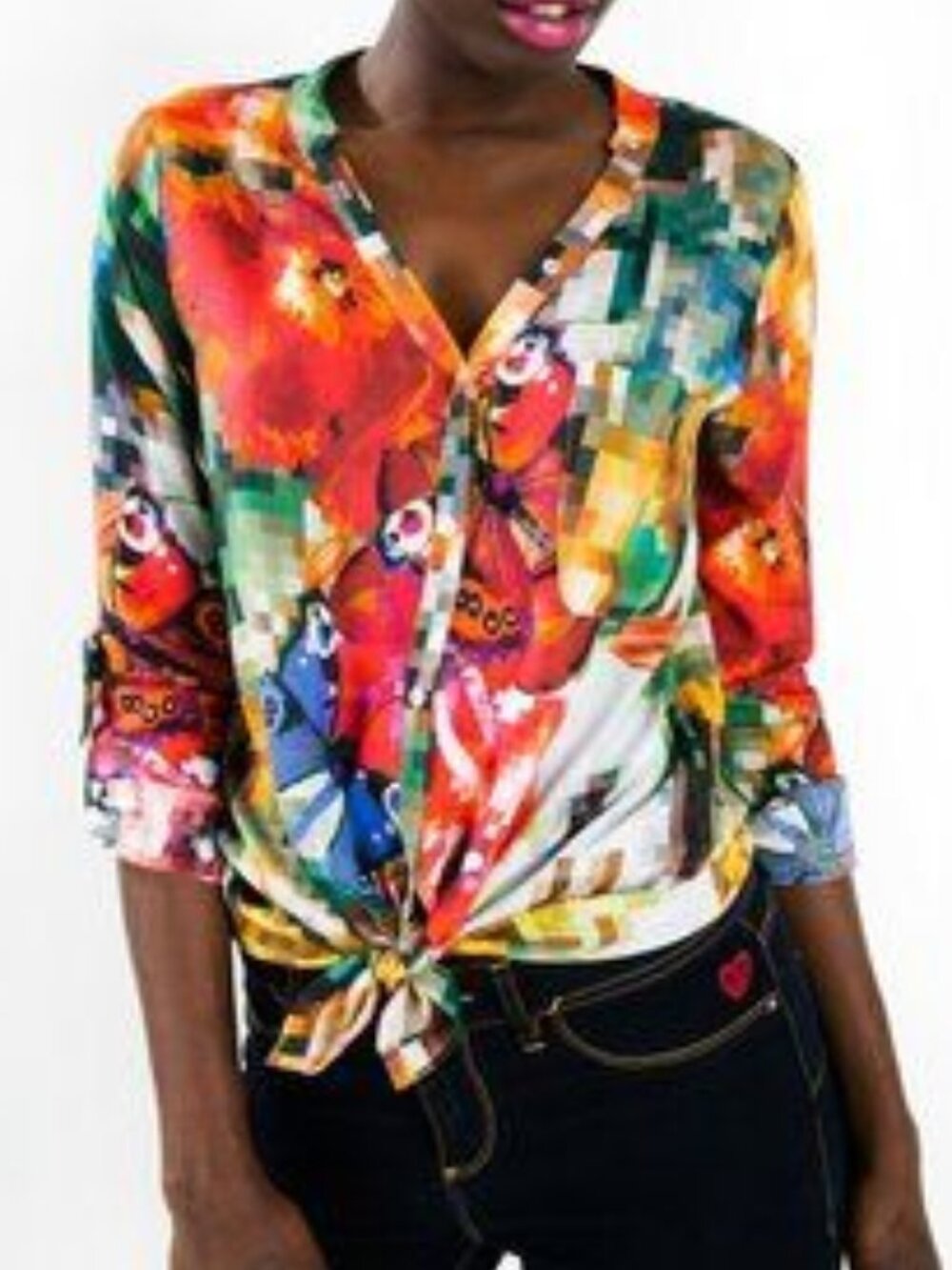 Desigual Colourful Butterfly and Pixels Button Down Top